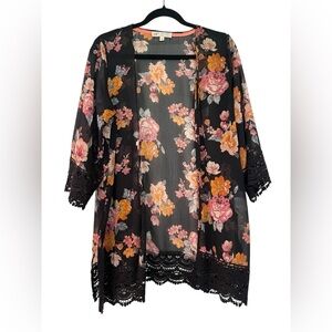 Jolt Cover Up Kimono Black Floral Lace Open Front Womens Size Small